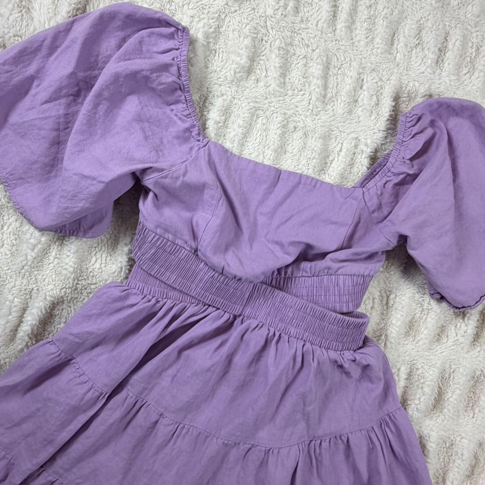 Senllen Purple Cotton Puff Sleeve Tiered Mini Dress Cutout Back Small